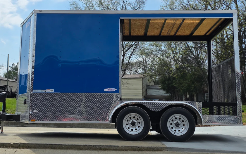 7’x14′ Blue V-Nose Hybrid Enclosed Rear Bi-Fold Loading Gate 2-3500lb Axles