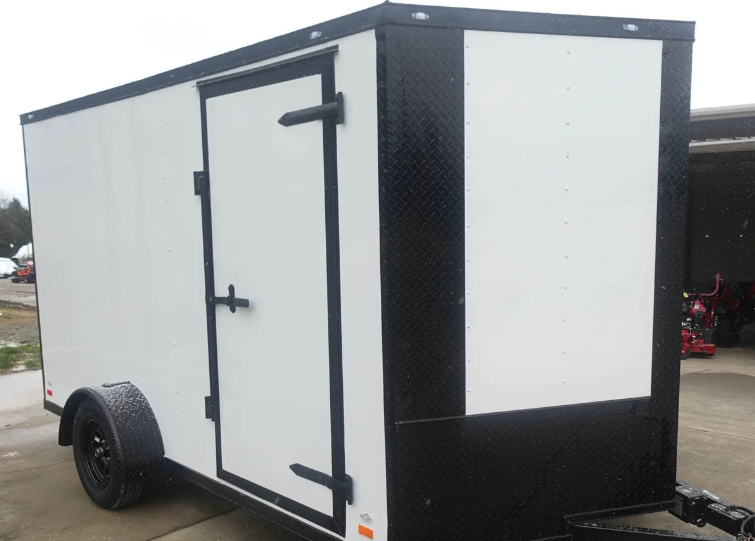 7×12 Enclosed Trailer White V-Nose Blackout Package 3,500lb Axle Storage